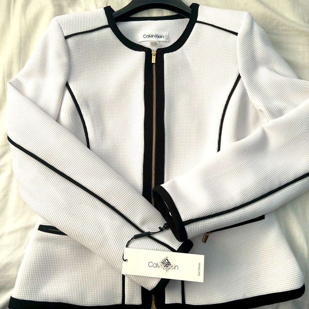 Calvin Klein - Contrast-Piped Blazer, Petite 10 - black and white